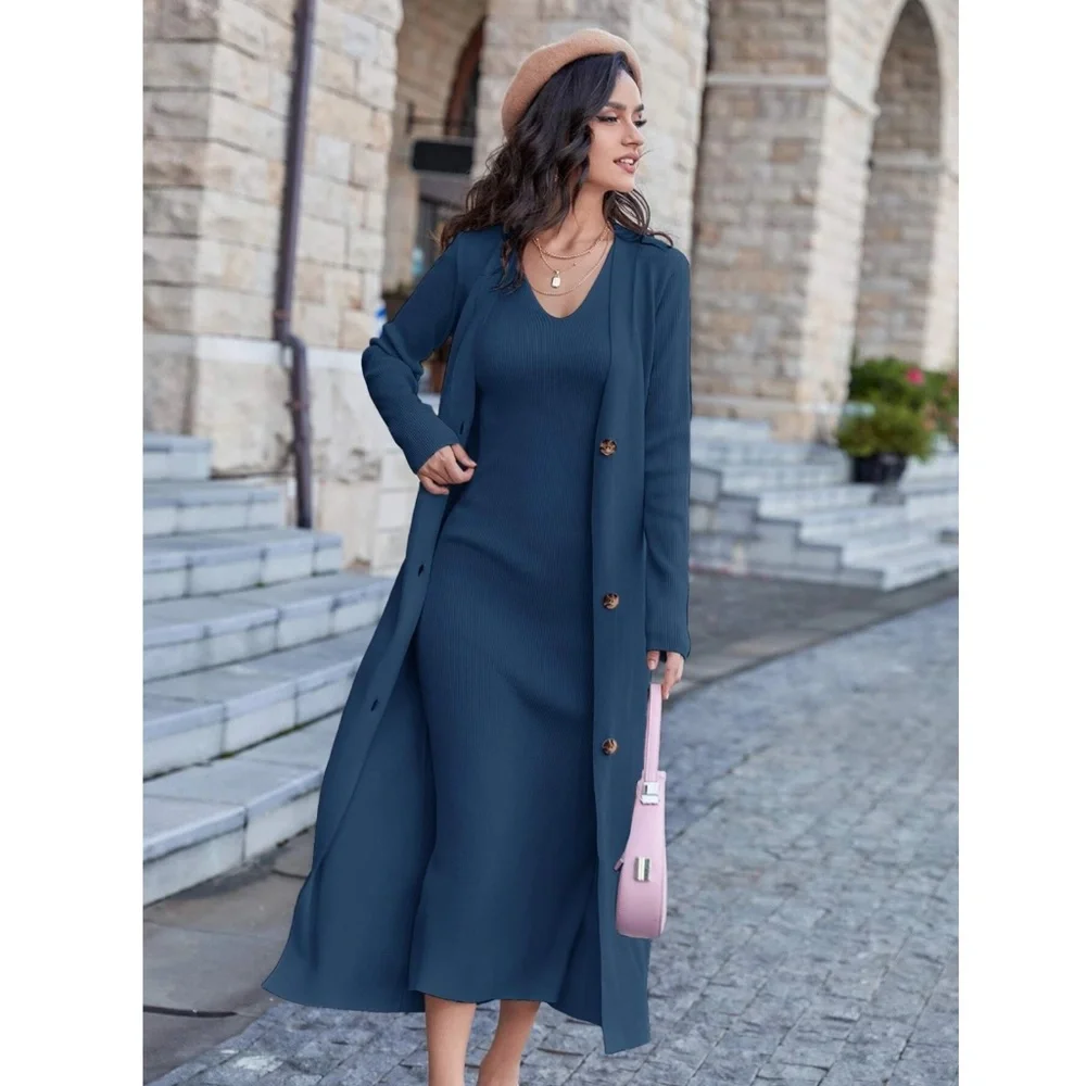 2 Piece Set: Knit Midi Pencil Dress and Long Cardigan Button Through - Picture 1 of 12